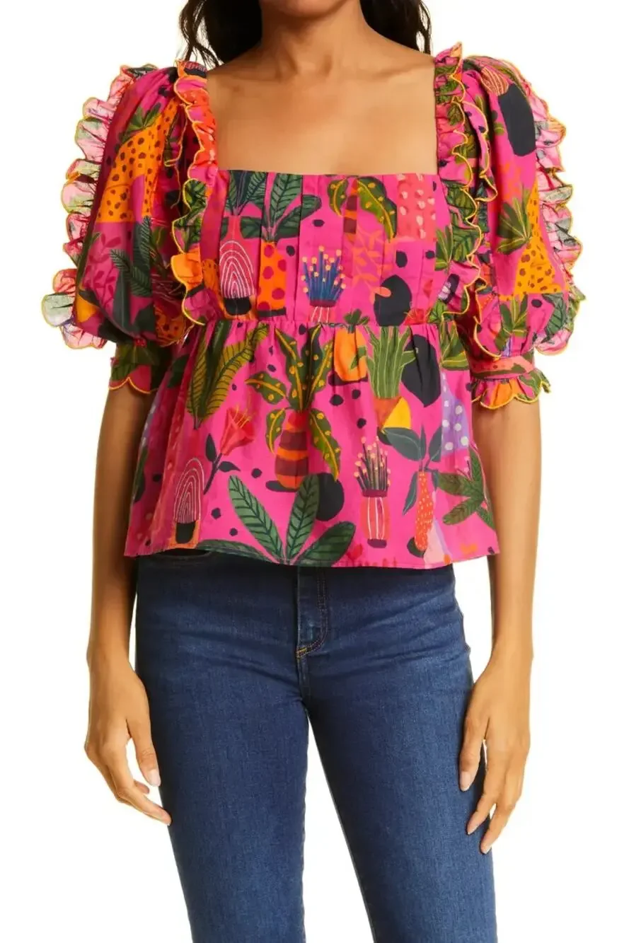 FARM Rio Pop Leopards Floral Puff Sleeve Ruffled Cotton Blouse Pink Large